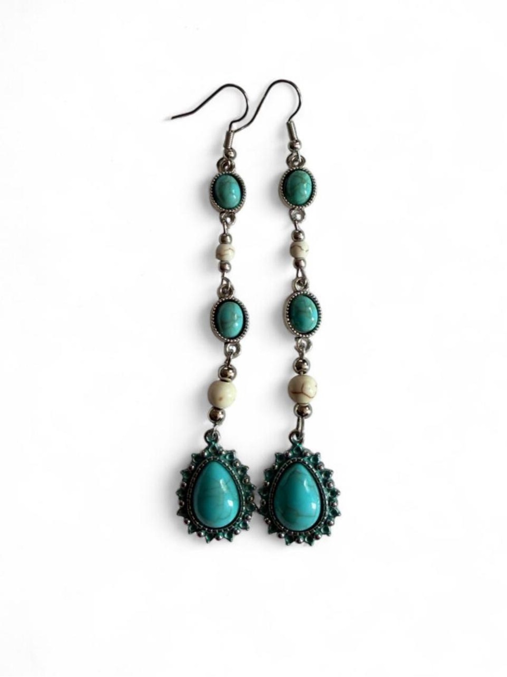 Handmade Turquoise Long Dangle Earrings Western Boho Statement Turquoise White